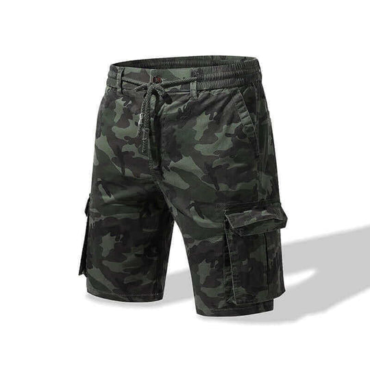 Men's camouflage casual shorts with multiple pockets and adjustable drawstring waist.