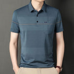 Men's short sleeve striped polo shirt in blue, suitable for summer business casual wear.