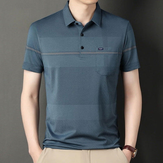 Men's short sleeve striped polo shirt in blue, suitable for summer business casual wear.