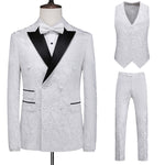 Men's slim fit three-piece suit in white with black accents, including a bow tie and vest, perfect for formal occasions.