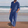 Men's summer beach style in sky blue cotton and linen suit, ideal for leisure and casual outings.