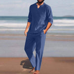 Men's summer beach style in sky blue cotton and linen suit, ideal for leisure and casual outings.