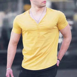 Men's yellow V-neck casual short sleeve T-shirt, featuring a loose fit and stylish neckline.