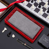 Men's fashion wallet in fantasy gray, showcased in a red gift box with chess pieces and a pen.