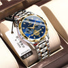 Men's trendy waterproof multi-functional watch with blue dial, gold accents, and butterfly buckle, displayed in elegant packaging.