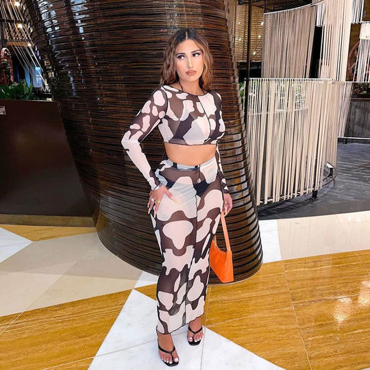 Mesh Print Navelless Social Set | Slim-Fit Long-Sleeve Mesh Dress Suit