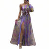 Floral mesh off-shoulder slit maxi dress with long sleeves and floral print, showcasing a stylish and elegant party outfit.