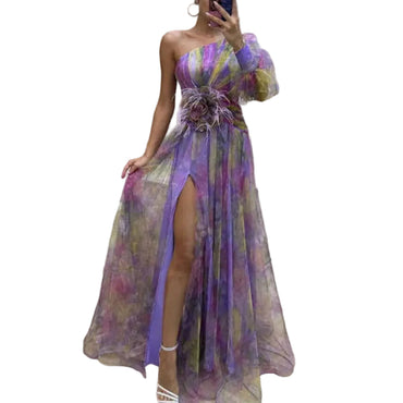 Mesh Tie-Dye Off-Shoulder Slit Dress | INS Fashion High-Motion Party Maxi