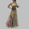 Stylish mesh tie-dye off-shoulder dress with slit and floral belt, perfect for summer parties.