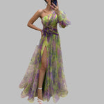 Stylish mesh tie-dye off-shoulder dress with slit and floral belt, perfect for summer parties.