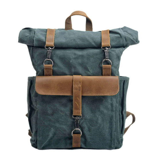 Casual outdoor mountaineering backpack in lake green and brown with clamshell design and multiple pockets.