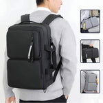 Multifunctional large capacity backpack in black, perfect for travel, commuting, and school, featuring a stylish design and portable options.