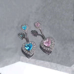 Heart-shaped umbilical ring jewelry with blue and pink gemstones set in silver for women.
