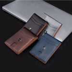 New men's two-fold wallet in black, gray, brown, and blue on a laptop, featuring anti-theft design and solid colors.