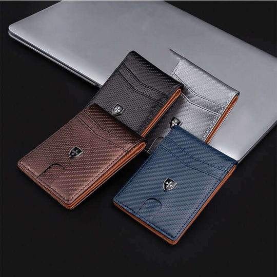 New men's two-fold wallet in black, gray, brown, and blue on a laptop, featuring anti-theft design and solid colors.