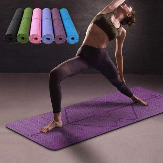 Non-slip TPE yoga mat with position lines, perfect for beginners; available in various colors, 6mm thick for comfort.