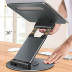 Adjustable laptop bracket with 20-inch height, showcasing aluminum alloy design and 360-degree rotation for desk use.