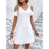 Off-Shoulder A-Line Dress in white with short sleeves, perfect for summer beach wear and casual outings.