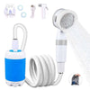 Portable electric camping shower with showerhead, water pump, and accessories for outdoor use.