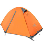Outdoor double camping tent in vibrant orange, designed for rainproof and durability in high mountain conditions.