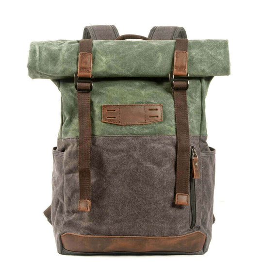 Khaki and green outdoor hiking backpack for students, lightweight, waterproof, durable design, suitable for leisure travel.