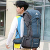 Outdoor sports hiking bag with 70 liters capacity, designed for comfort and durability, worn by a user outdoors.