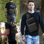 Large capacity black military backpack for outdoor sports, shown on male model in different angles.