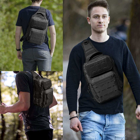 Large capacity black military backpack for outdoor sports, shown on male model in different angles.