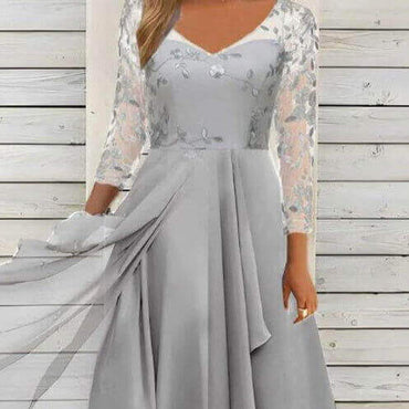 Oversized Chiffon V-Neck Mesh Dress | Patchwork High-Volume Airy Midi