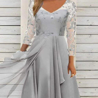 Oversized Chiffon V-Neck Mesh Dress | Patchwork High-Volume Airy Midi