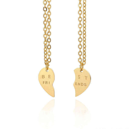 Gold plated best friend necklace with two petal pendants, featuring 'BEST' and 'FRIENDS' engravings.