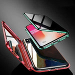 Anti-peep magnetic phone case with flip style design, showcasing a metallic frame and tempered glass for iPhone compatibility.