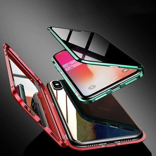 Anti-peep magnetic phone case with flip style design, showcasing a metallic frame and tempered glass for iPhone compatibility.