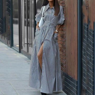 Plaid Axis Polo Dress | Kinetic-Fit Split-Hem Longline Midi