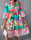 Geometric Bell-Sleeve Midi Dress with vibrant print, ruffle hem, and wide waist, ideal for casual and Korean-style fashion in Peacock Green.