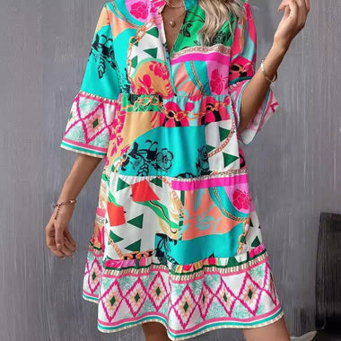 Pleated Printed Flared Sleeve Dress | Ruffled Hem Summer Fashion