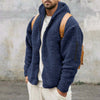 Men's navy plush hooded jacket with zipper, casual outdoor fleece coat for autumn and winter.