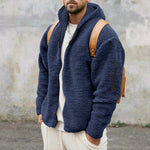Men's navy plush hooded jacket with zipper, casual outdoor fleece coat for autumn and winter.