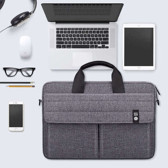Dark gray portable laptop shoulder bag with multiple pockets, perfect for notebooks and tablets, stylish and functional.