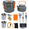 Portable camping cooker stove with utensils, including pots, teapot, cups, and burner for outdoor cooking.