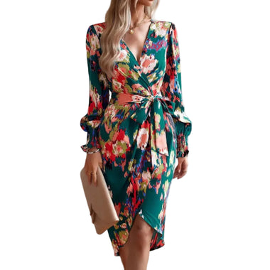 Elegant Autumn Print V-Neck Dress | High-Saturation Long-Sleeve Temperament Maxi