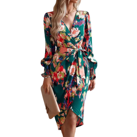 Elegant Autumn Print V-Neck Dress | High-Saturation Long-Sleeve Temperament Maxi