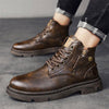 Retro British style high cut brown Martin boots for men with lace-up design and round toe, perfect for casual wear.