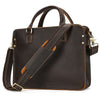 Retro Crazy Horse Leather Briefcase in dark brown with shoulder strap and stylish stitching, ideal for business travel.