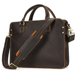Retro Crazy Horse Leather Briefcase in dark brown with shoulder strap and stylish stitching, ideal for business travel.