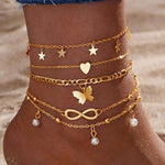 Retro five pointed star butterfly feet chain anklet set in gold, featuring geometric designs and pearl accents.