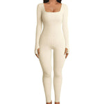 Seamless long sleeve shapewear jumpsuit in cream, offering a smooth and sculpted silhouette for workouts or casual wear.