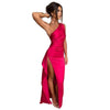 Model wearing a pink One-Shoulder Backless Bodycon Dress with a high slit, showcasing an elegant evening party look.