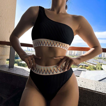 One-Shoulder Ripple Bikini | Kinetic-Fit Spliced Stripe & Pleated Swimsuit
