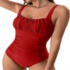 Stylish red square neck one-piece bikini, pleated design, ideal for summer beach vacations, women's swimwear.